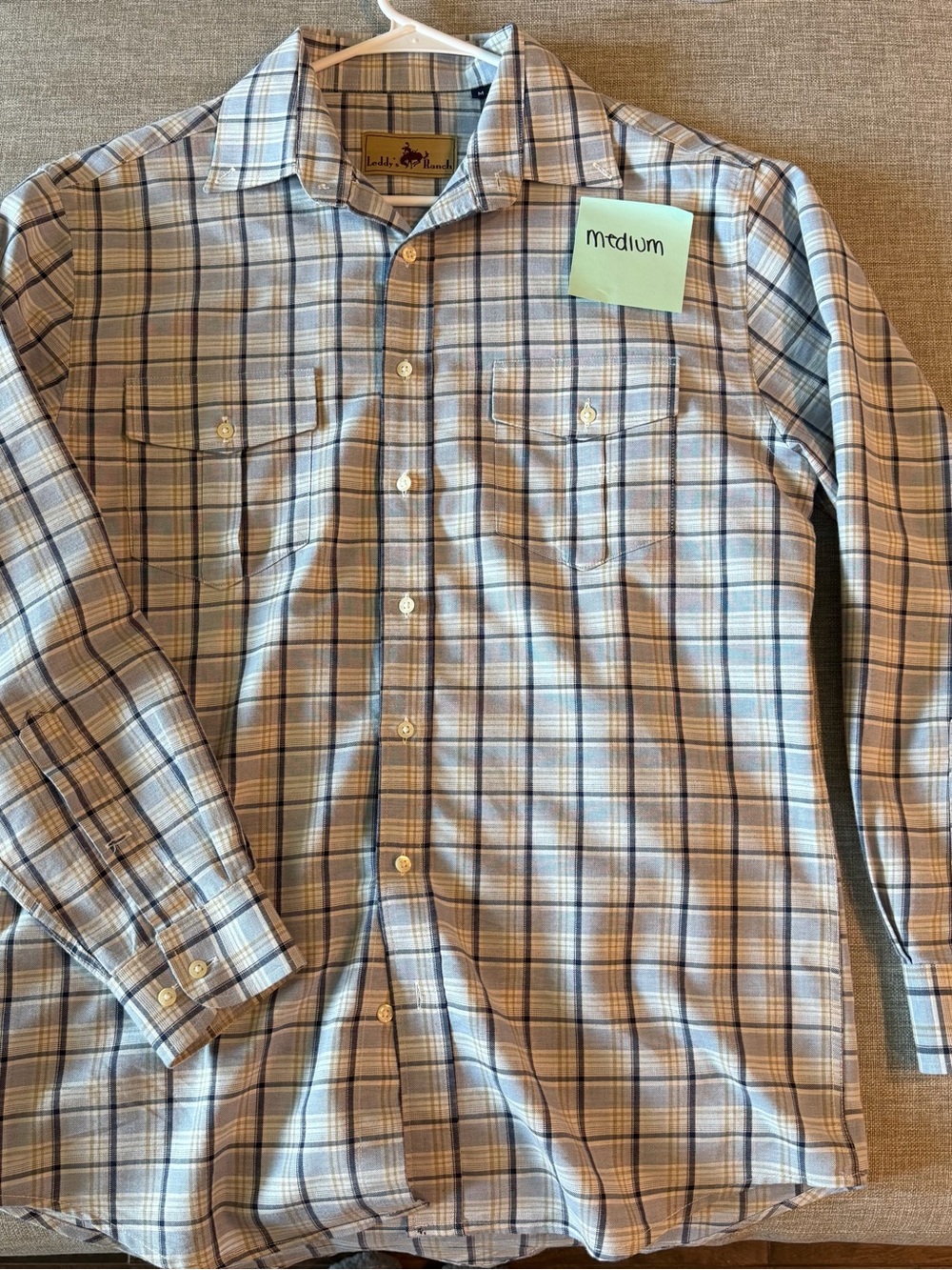 Men's western wear Plaid Button-Down Shirt in Light Blue and Beige - Medium